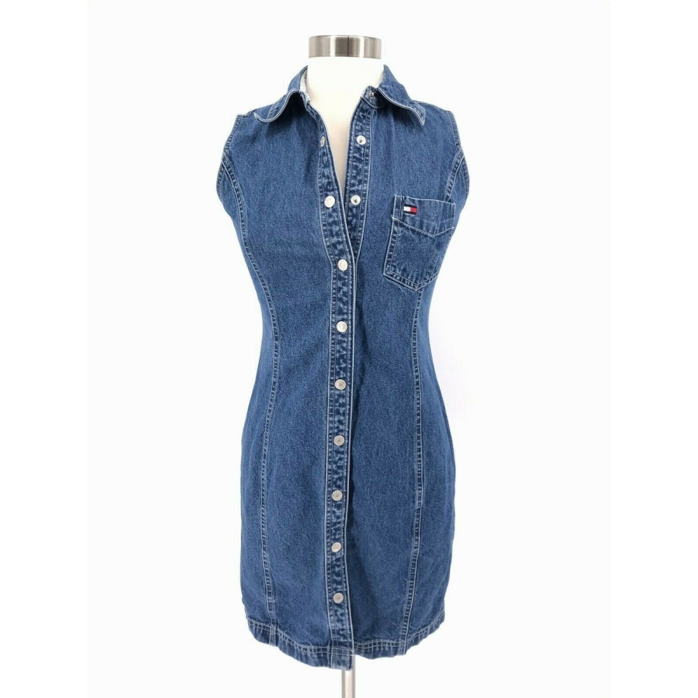 Vtg 90s Tommy Hilfiger Denim Snap Dress 4 Flag